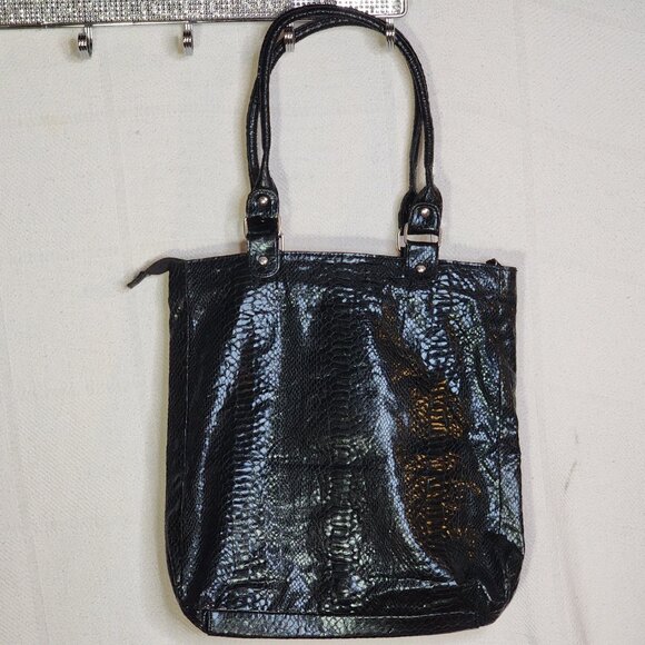 Global New Beginnings Black Faux Snake Double Snap Zip Pockets Large Tote Bag - Picture 12 of 16